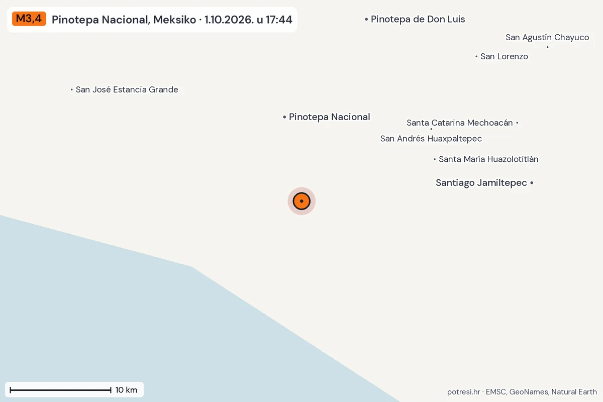 Karta: okolica epicentra, 60 km, potres M3,4, Pinotepa Nacional, Meksiko, 1.10.2026.
