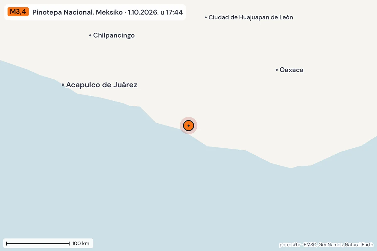 Karta: šire područje, 600 km, potres M3,4, Pinotepa Nacional, Meksiko, 1.10.2026.
