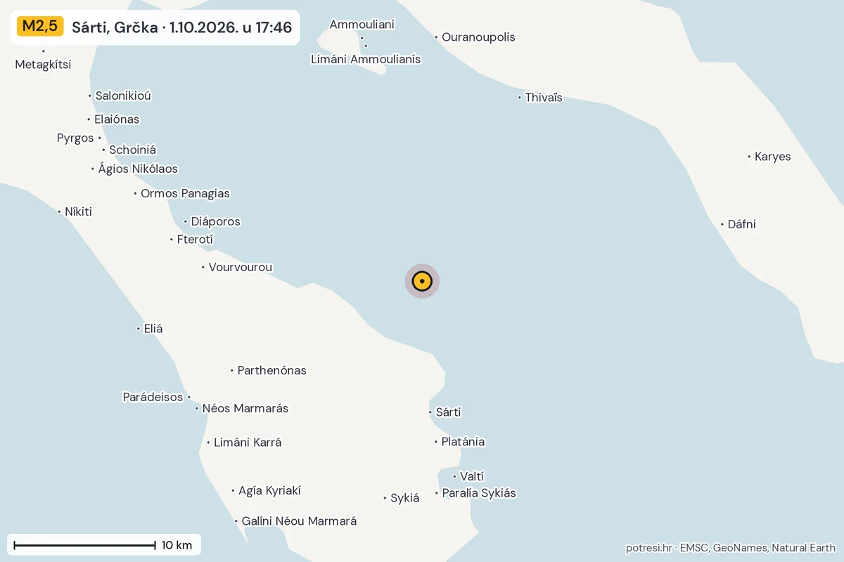 Karta: okolica epicentra, 60 km, potres M2,5, Sárti, Grčka, 1.10.2026.
