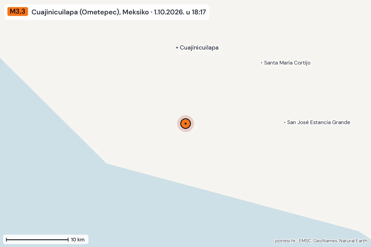 Karta: okolica epicentra, 60 km, potres M3,3, Cuajinicuilapa (Ometepec), Meksiko, 1.10.2026.