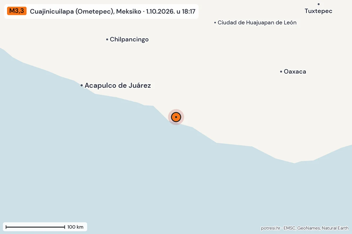 Karta: šire područje, 600 km, potres M3,3, Cuajinicuilapa (Ometepec), Meksiko, 1.10.2026.
