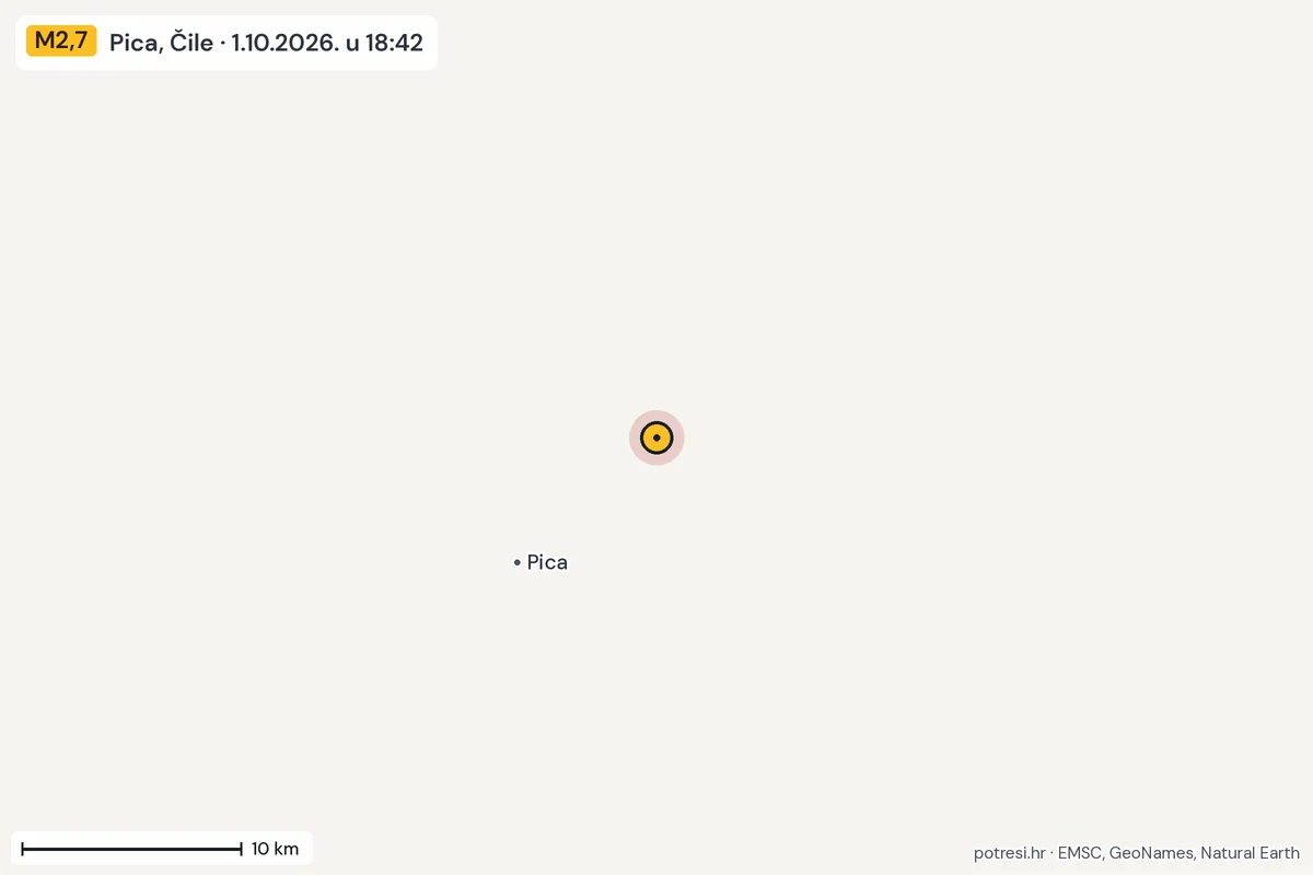 Karta: okolica epicentra, 60 km, potres M2,7, Pica, Čile, 1.10.2026.