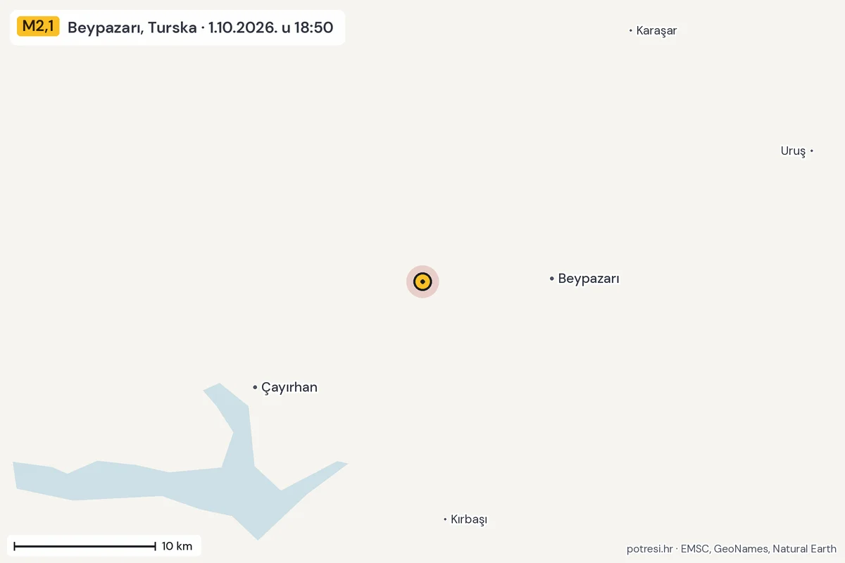 Karta: okolica epicentra, 60 km, potres M2,1, Beypazarı, Turska, 1.10.2026.