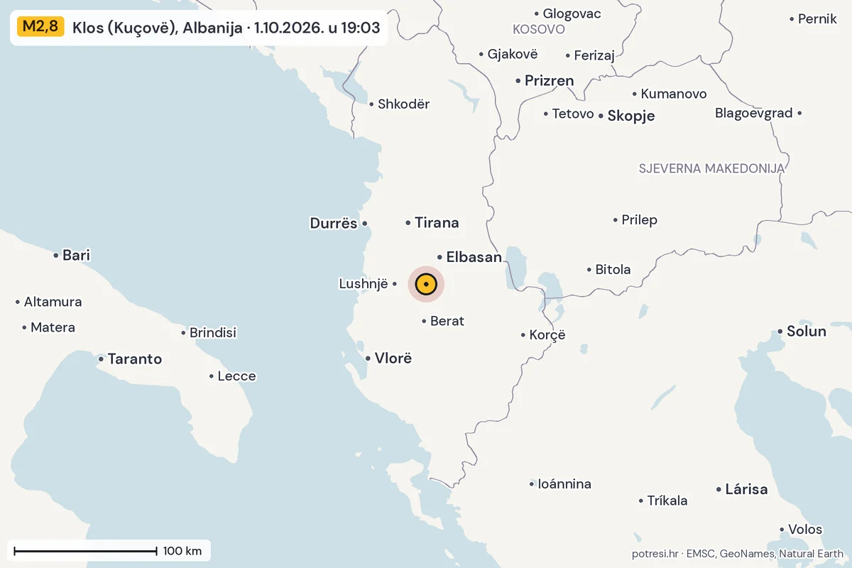 Karta: šire područje, 600 km, potres M2,8, Klos (Kuçovë), Albanija, 1.10.2026.