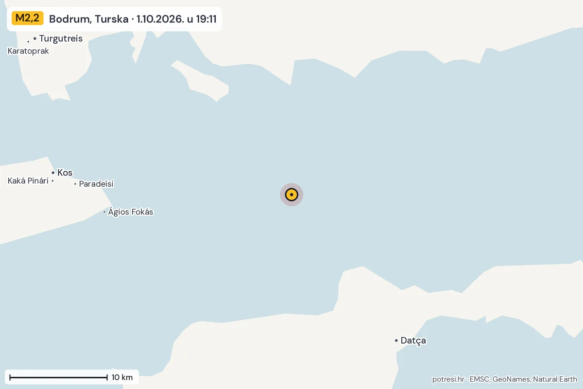 Karta: okolica epicentra, 60 km, potres M2,2, Bodrum, Turska, 1.10.2026.