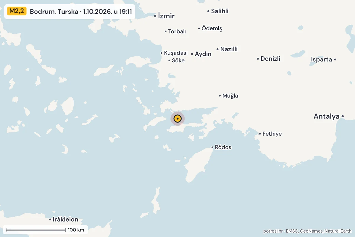 Karta: šire područje, 600 km, potres M2,2, Bodrum, Turska, 1.10.2026.