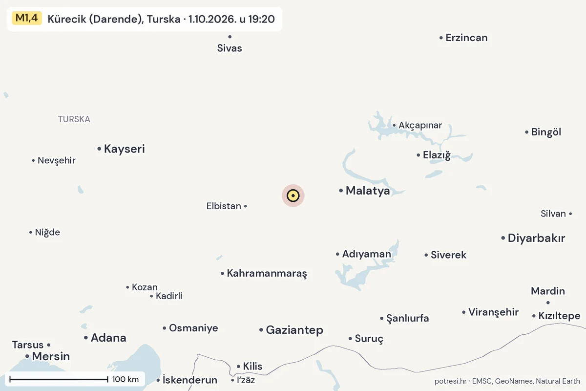 Karta: šire područje, 600 km, potres M1,4, Kürecik (Darende), Turska, 1.10.2026.