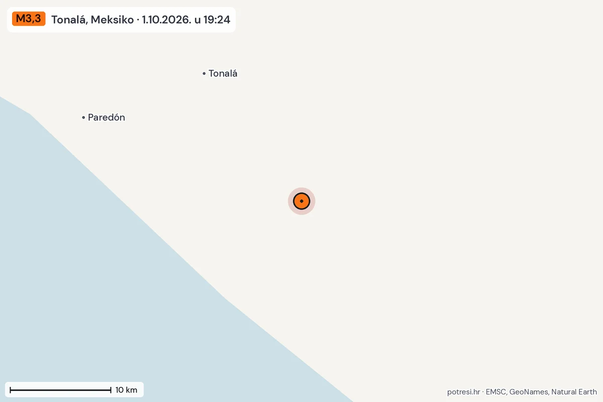 Karta: okolica epicentra, 60 km, potres M3,3, Tonalá, Meksiko, 1.10.2026.