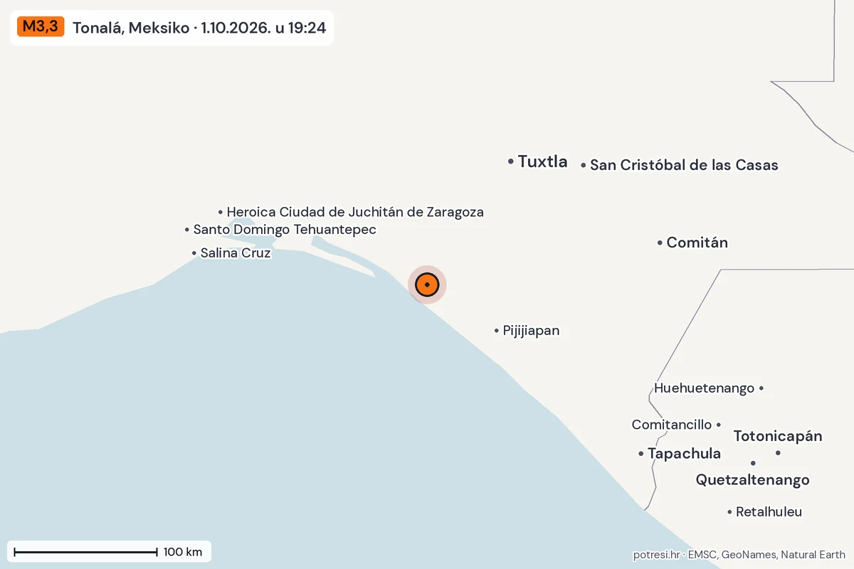 Karta: šire područje, 600 km, potres M3,3, Tonalá, Meksiko, 1.10.2026.