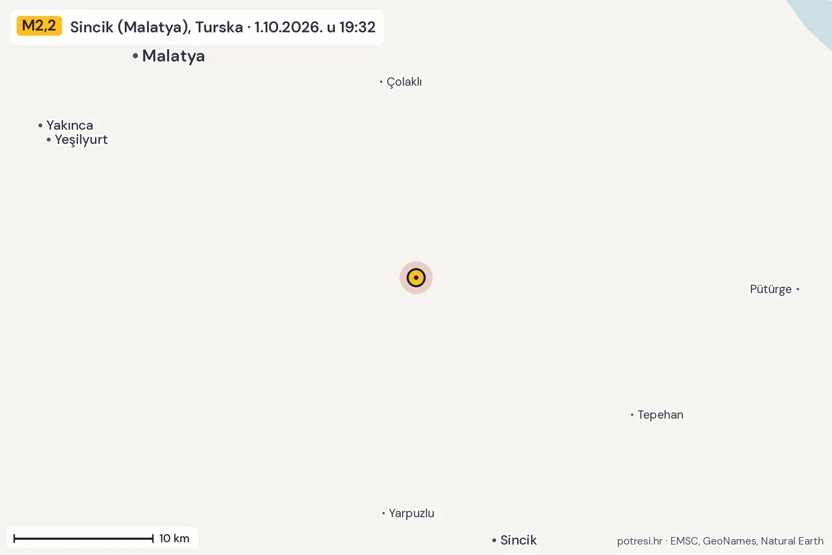 Karta: okolica epicentra, 60 km, potres M2,2, Sincik (Malatya), Turska, 1.10.2026.