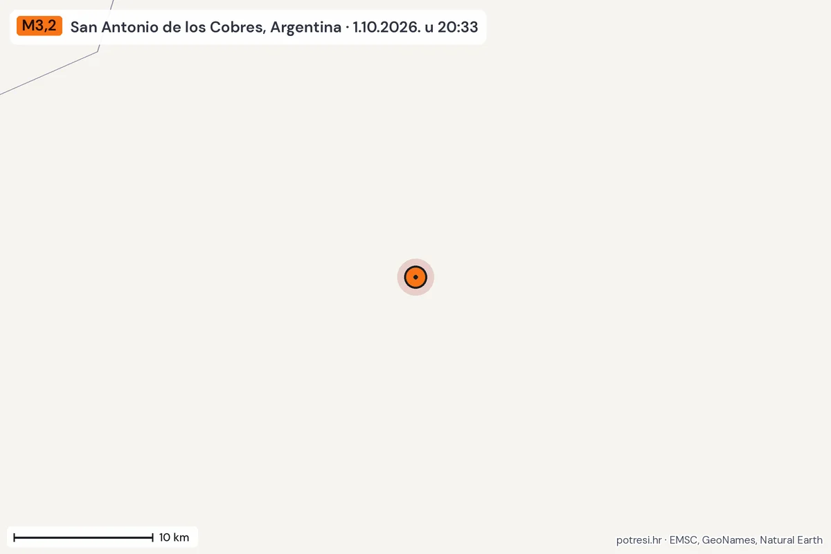 Karta: okolica epicentra, 60 km, potres M3,2, San Antonio de los Cobres, Argentina, 1.10.2026.