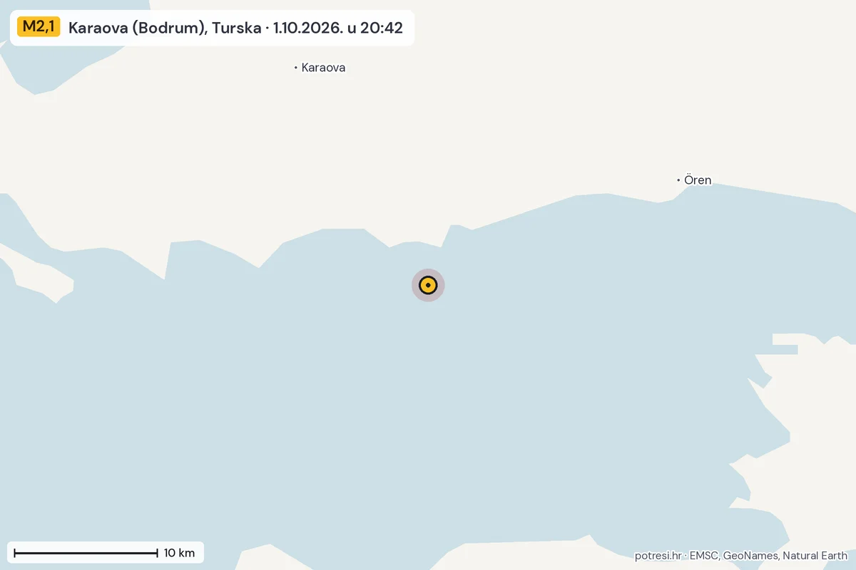 Karta: okolica epicentra, 60 km, potres M2,1, Karaova (Bodrum), Turska, 1.10.2026.