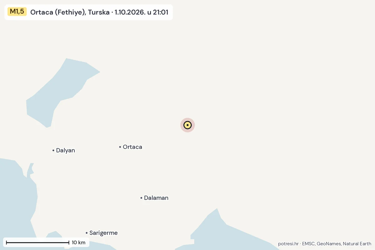 Karta: okolica epicentra, 60 km, potres M1,5, Ortaca (Fethiye), Turska, 1.10.2026.