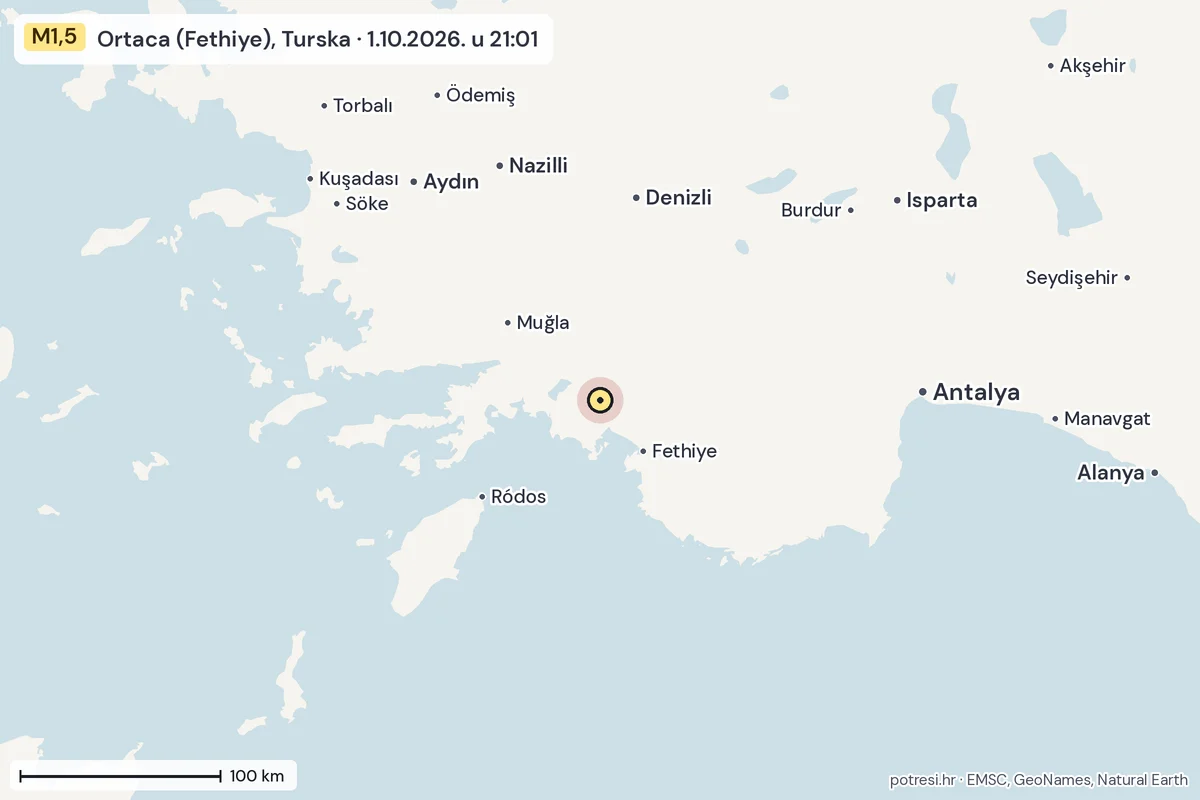 Karta: šire područje, 600 km, potres M1,5, Ortaca (Fethiye), Turska, 1.10.2026.