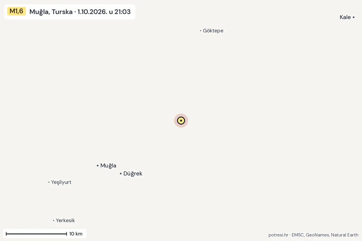 Karta: okolica epicentra, 60 km, potres M1,6, Muğla, Turska, 1.10.2026.
