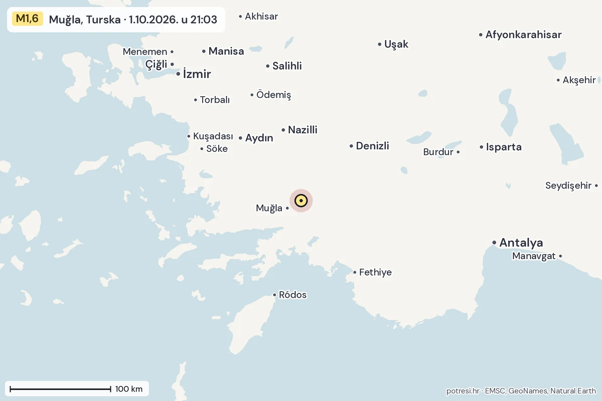 Karta: šire područje, 600 km, potres M1,6, Muğla, Turska, 1.10.2026.