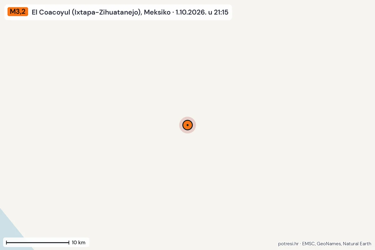 Karta: okolica epicentra, 60 km, potres M3,2, El Coacoyul (Ixtapa-Zihuatanejo), Meksiko, 1.10.2026.