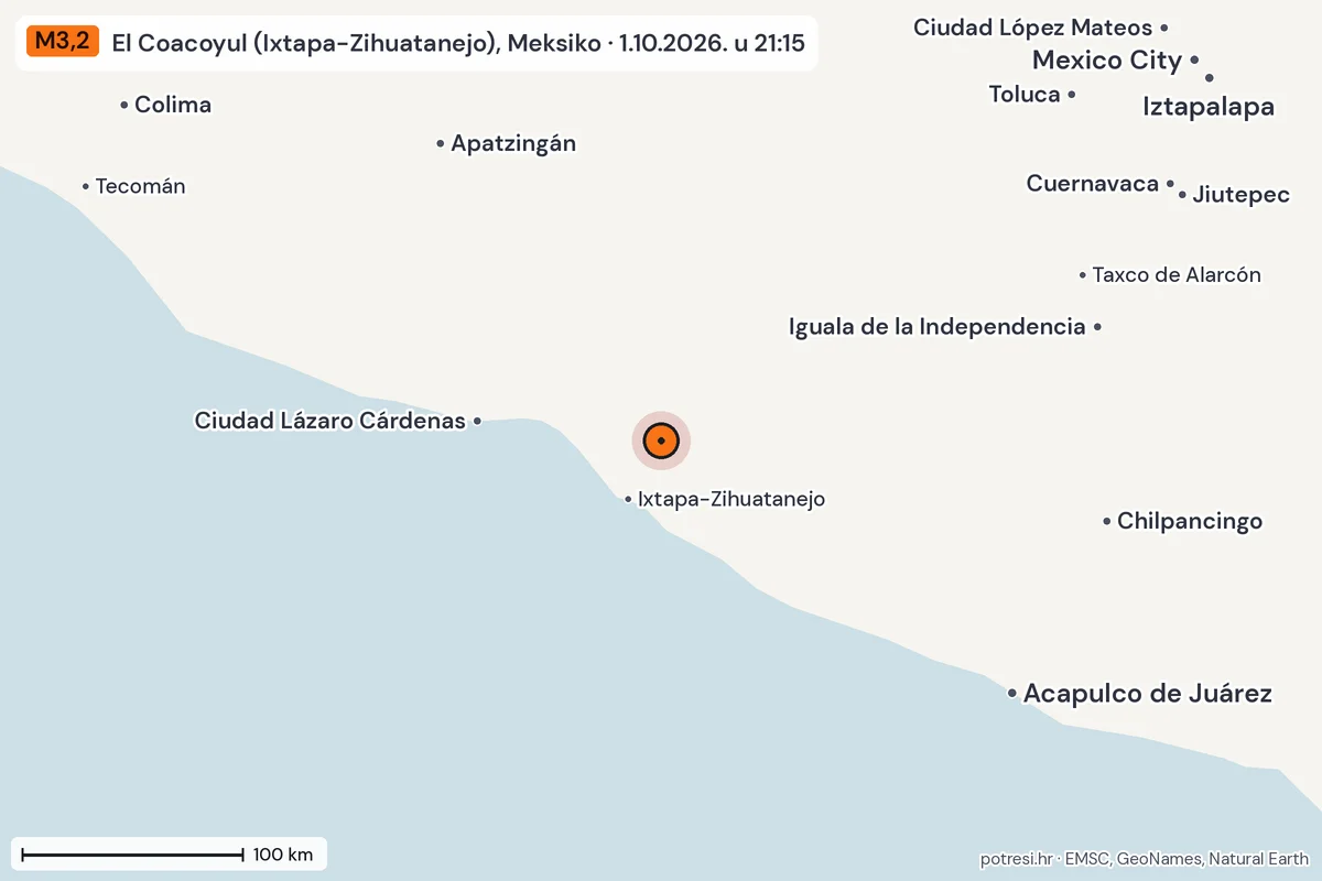 Karta: šire područje, 600 km, potres M3,2, El Coacoyul (Ixtapa-Zihuatanejo), Meksiko, 1.10.2026.