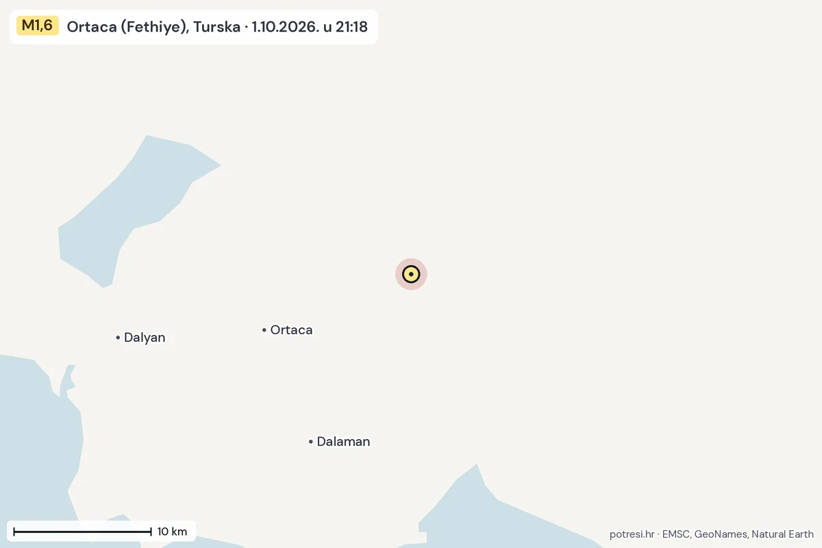 Karta: okolica epicentra, 60 km, potres M1,6, Ortaca (Fethiye), Turska, 1.10.2026.