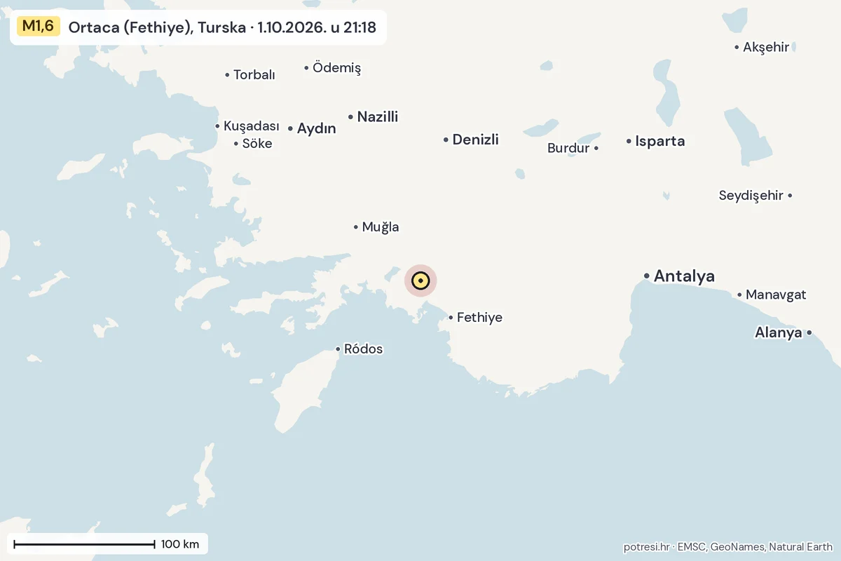 Karta: šire područje, 600 km, potres M1,6, Ortaca (Fethiye), Turska, 1.10.2026.
