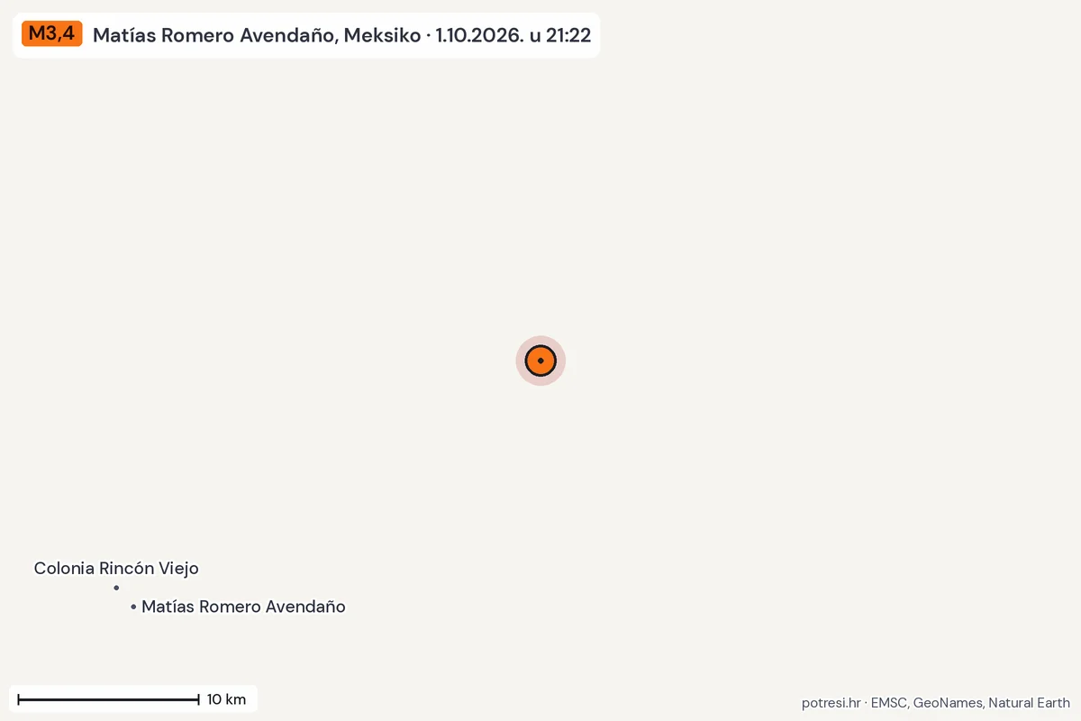 Karta: okolica epicentra, 60 km, potres M3,4, Matías Romero Avendaño, Meksiko, 1.10.2026.