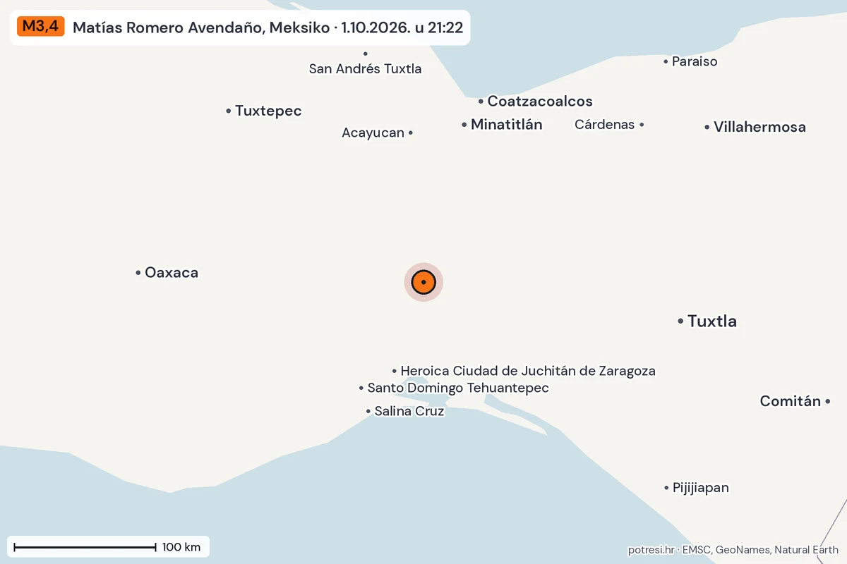 Karta: šire područje, 600 km, potres M3,4, Matías Romero Avendaño, Meksiko, 1.10.2026.