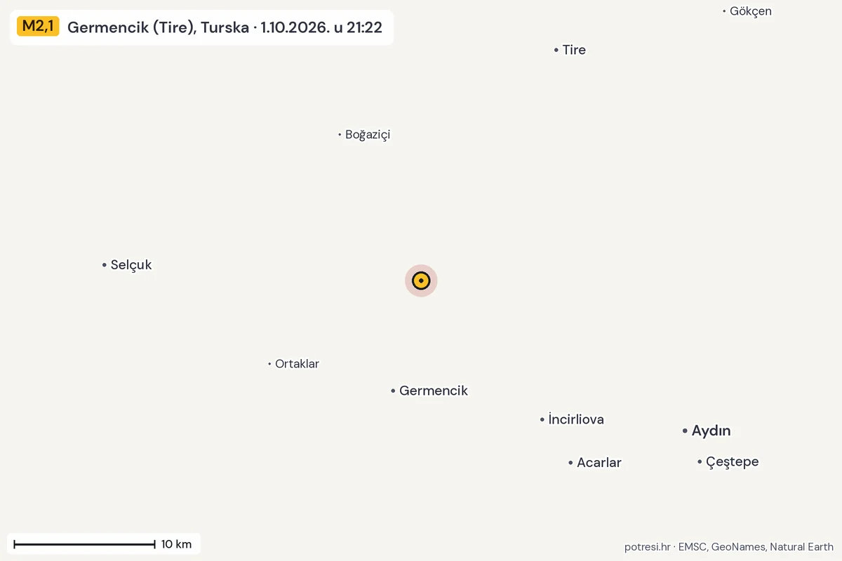 Karta: okolica epicentra, 60 km, potres M2,1, Germencik (Tire), Turska, 1.10.2026.