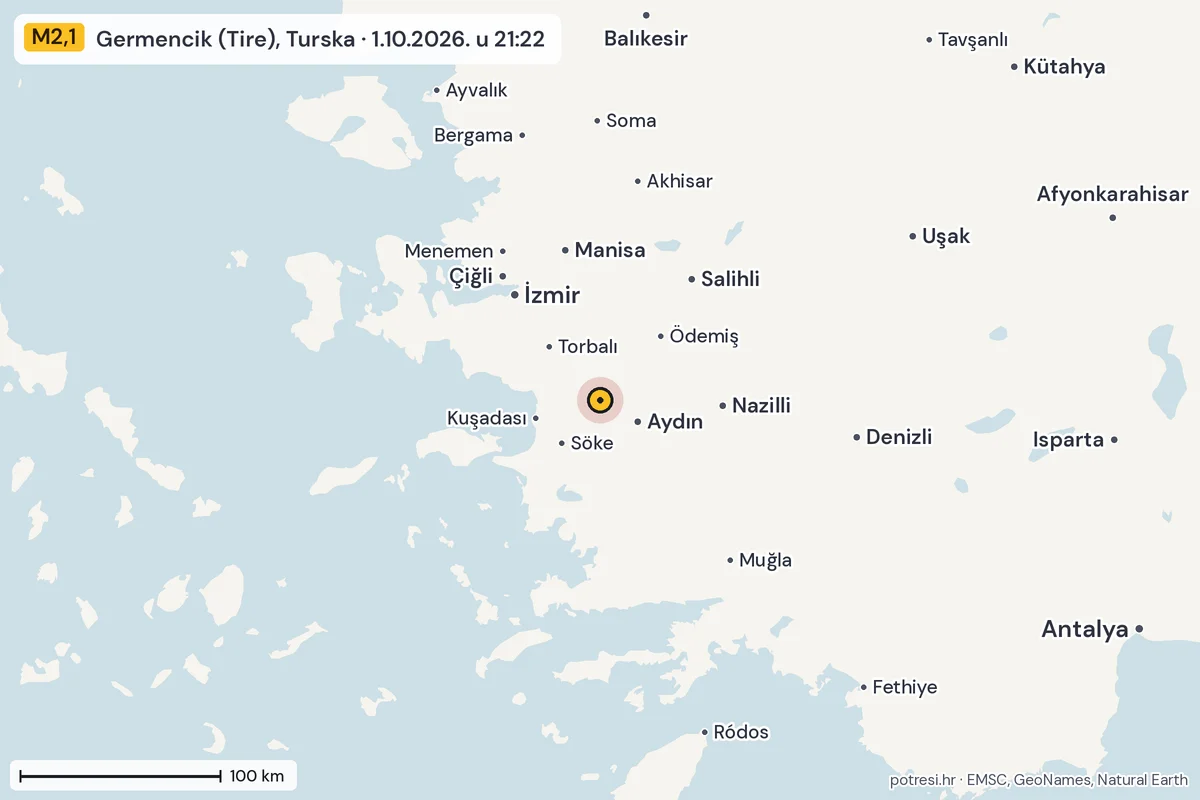 Karta: šire područje, 600 km, potres M2,1, Germencik (Tire), Turska, 1.10.2026.