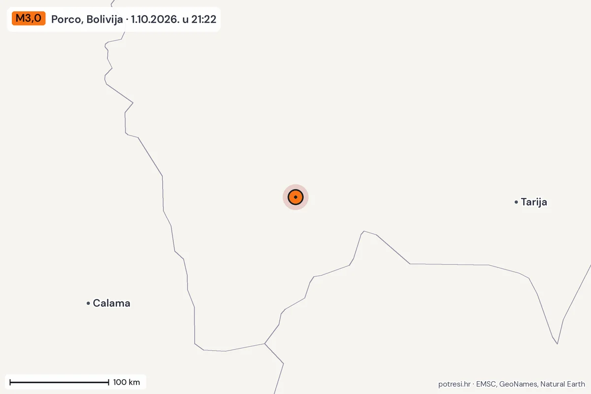 Karta: šire područje, 600 km, potres M3,0, Porco, Bolivija, 1.10.2026.