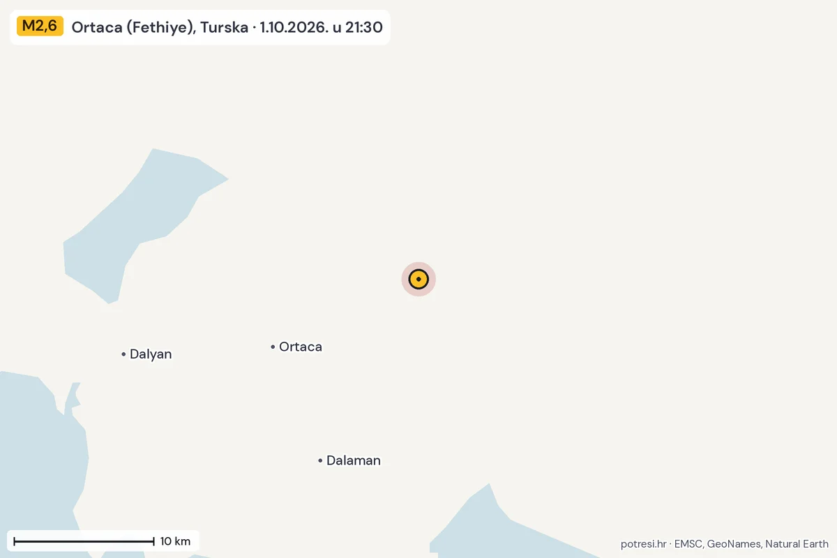 Karta: okolica epicentra, 60 km, potres M2,6, Ortaca (Fethiye), Turska, 1.10.2026.