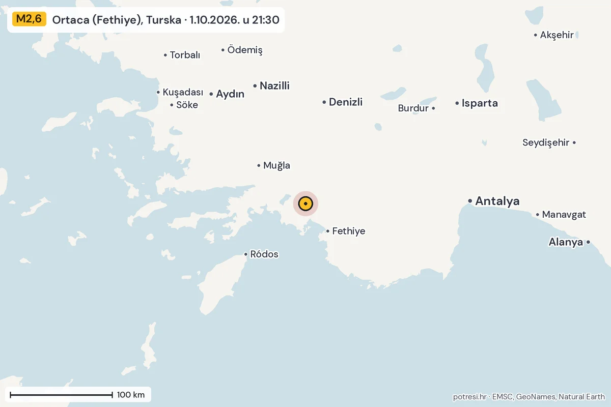 Karta: šire područje, 600 km, potres M2,6, Ortaca (Fethiye), Turska, 1.10.2026.
