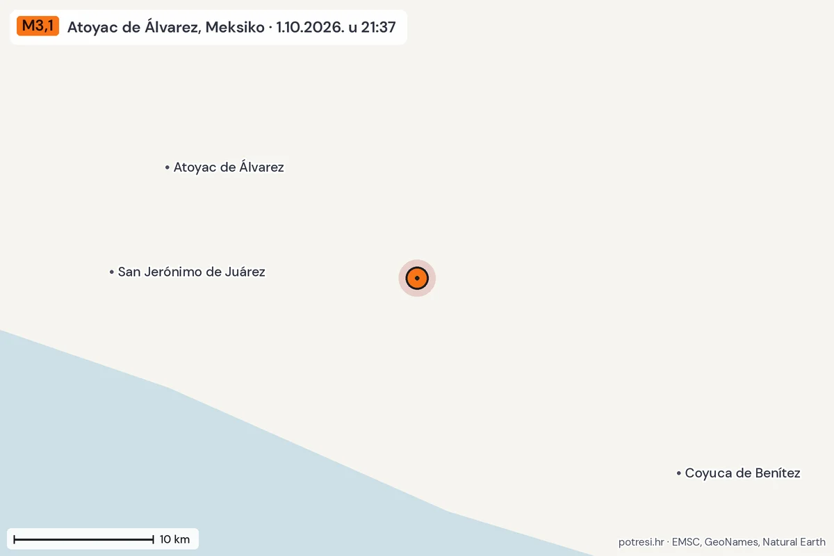 Karta: okolica epicentra, 60 km, potres M3,1, Atoyac de Álvarez, Meksiko, 1.10.2026.