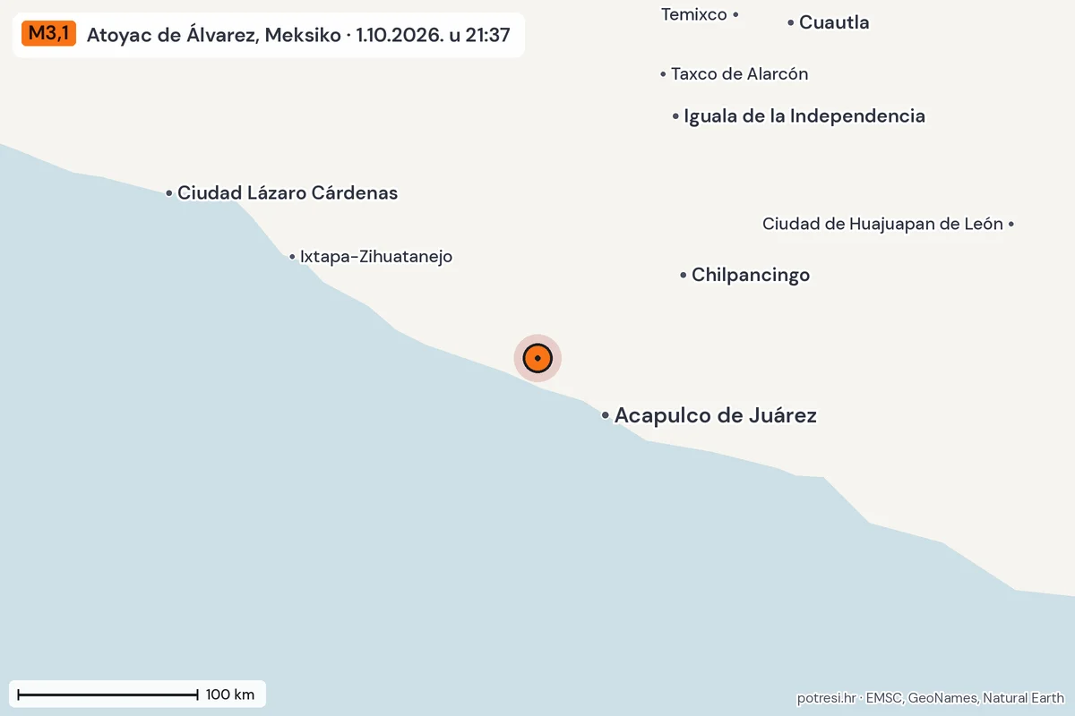 Karta: šire područje, 600 km, potres M3,1, Atoyac de Álvarez, Meksiko, 1.10.2026.