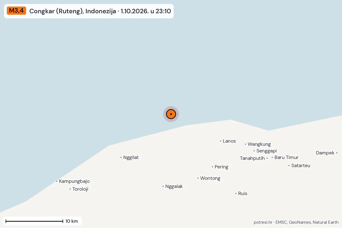 Karta: okolica epicentra, 60 km, potres M3,4, Congkar (Ruteng), Indonezija, 1.10.2026.