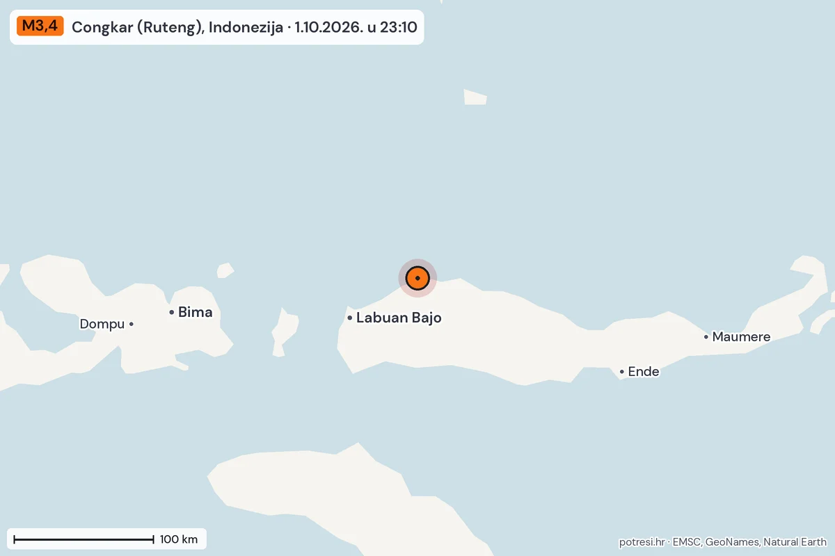 Karta: šire područje, 600 km, potres M3,4, Congkar (Ruteng), Indonezija, 1.10.2026.