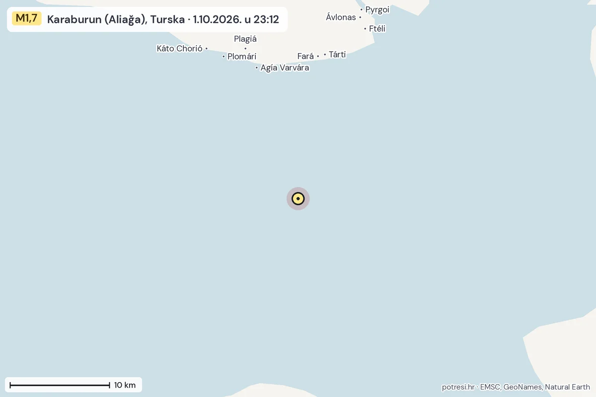 Karta: okolica epicentra, 60 km, potres M1,7, Karaburun (Aliağa), Turska, 1.10.2026.