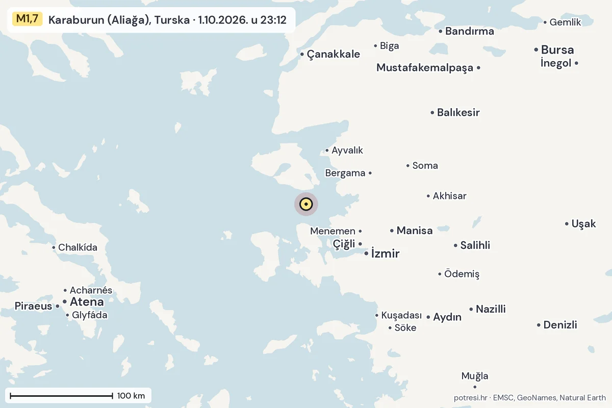 Karta: šire područje, 600 km, potres M1,7, Karaburun (Aliağa), Turska, 1.10.2026.