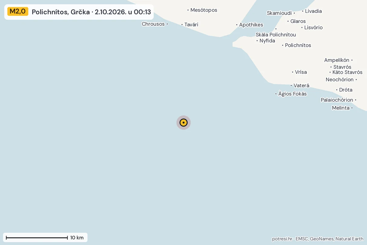 Karta: okolica epicentra, 60 km, potres M2,0, Polichnítos, Grčka, 2.10.2026.