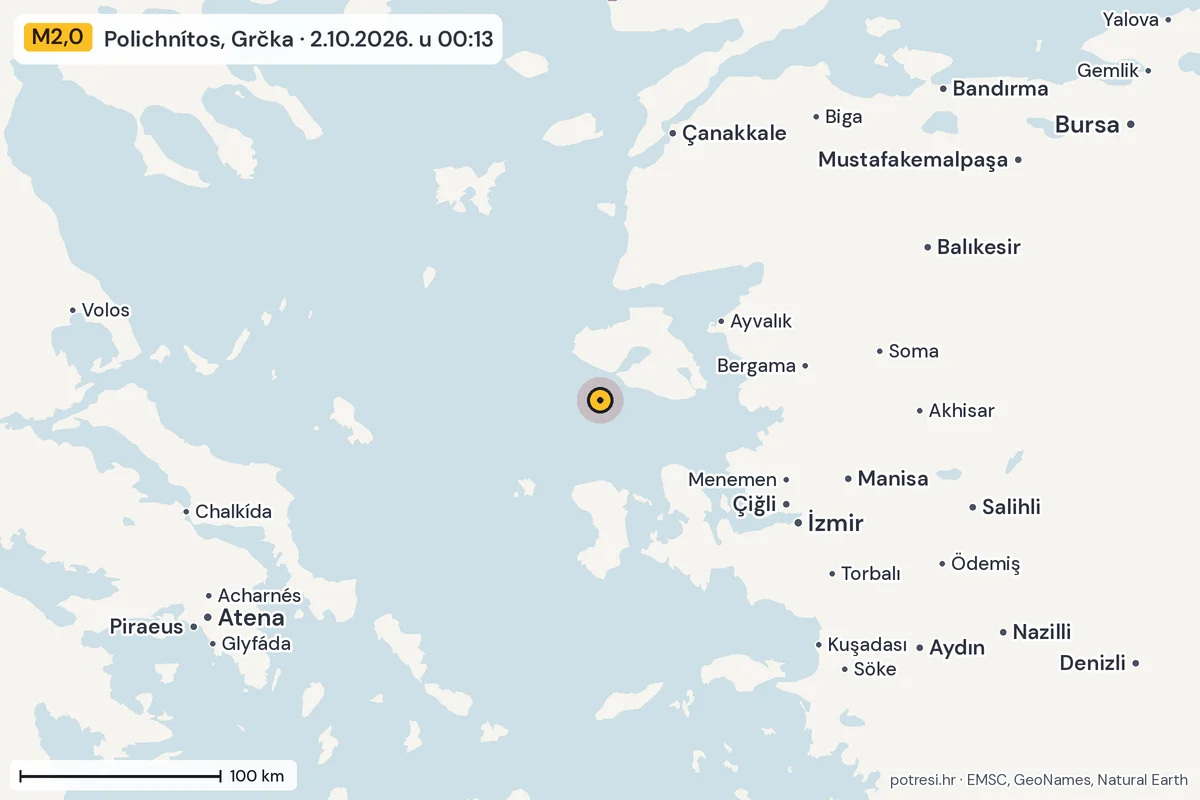 Karta: šire područje, 600 km, potres M2,0, Polichnítos, Grčka, 2.10.2026.