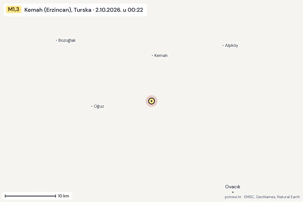 Karta: okolica epicentra, 60 km, potres M1,3, Kemah (Erzincan), Turska, 2.10.2026.