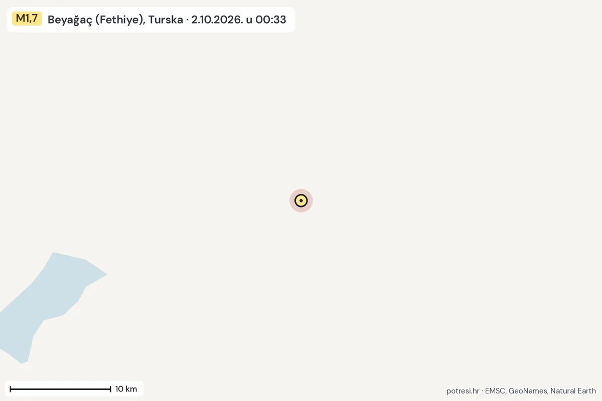 Karta: okolica epicentra, 60 km, potres M1,7, Beyağaç (Fethiye), Turska, 2.10.2026.