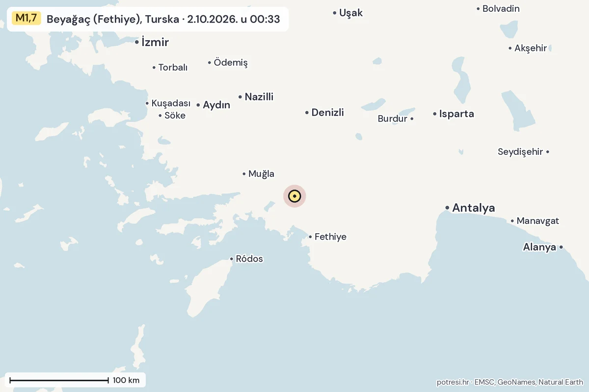 Karta: šire područje, 600 km, potres M1,7, Beyağaç (Fethiye), Turska, 2.10.2026.