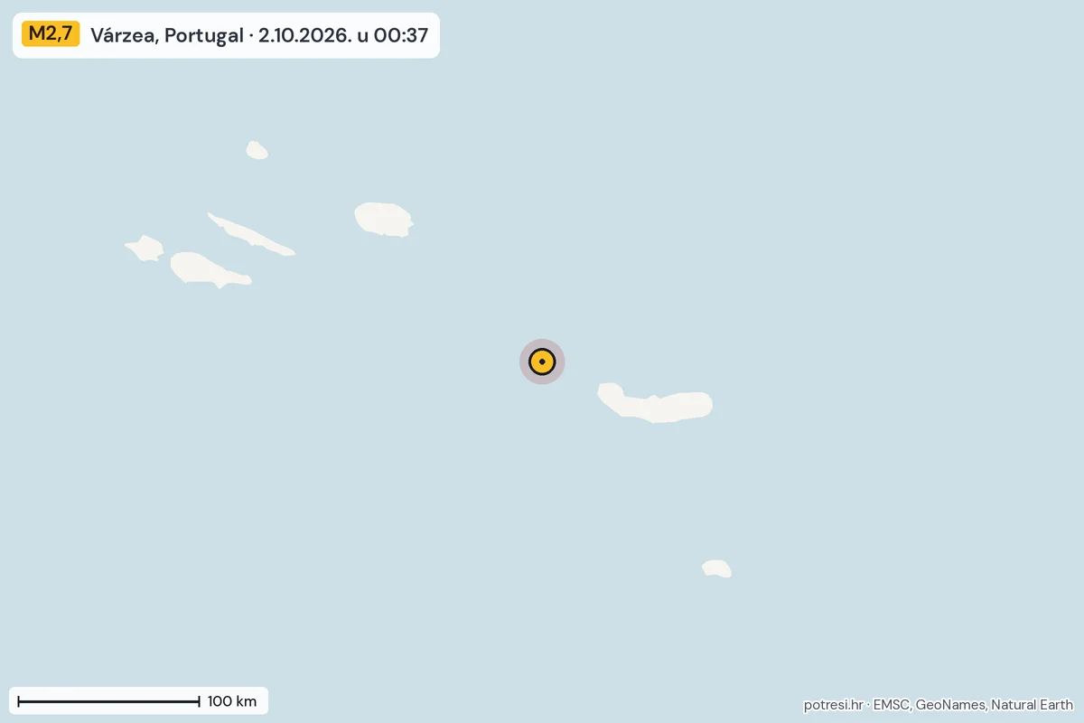 Karta: šire područje, 600 km, potres M2,7, Várzea, Portugal, 2.10.2026.