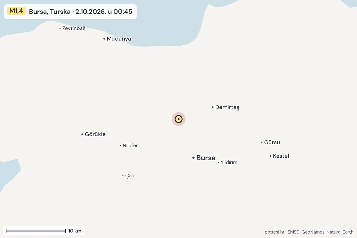 Karta: okolica epicentra, 60 km, potres M1,4, Bursa, Turska, 2.10.2026.