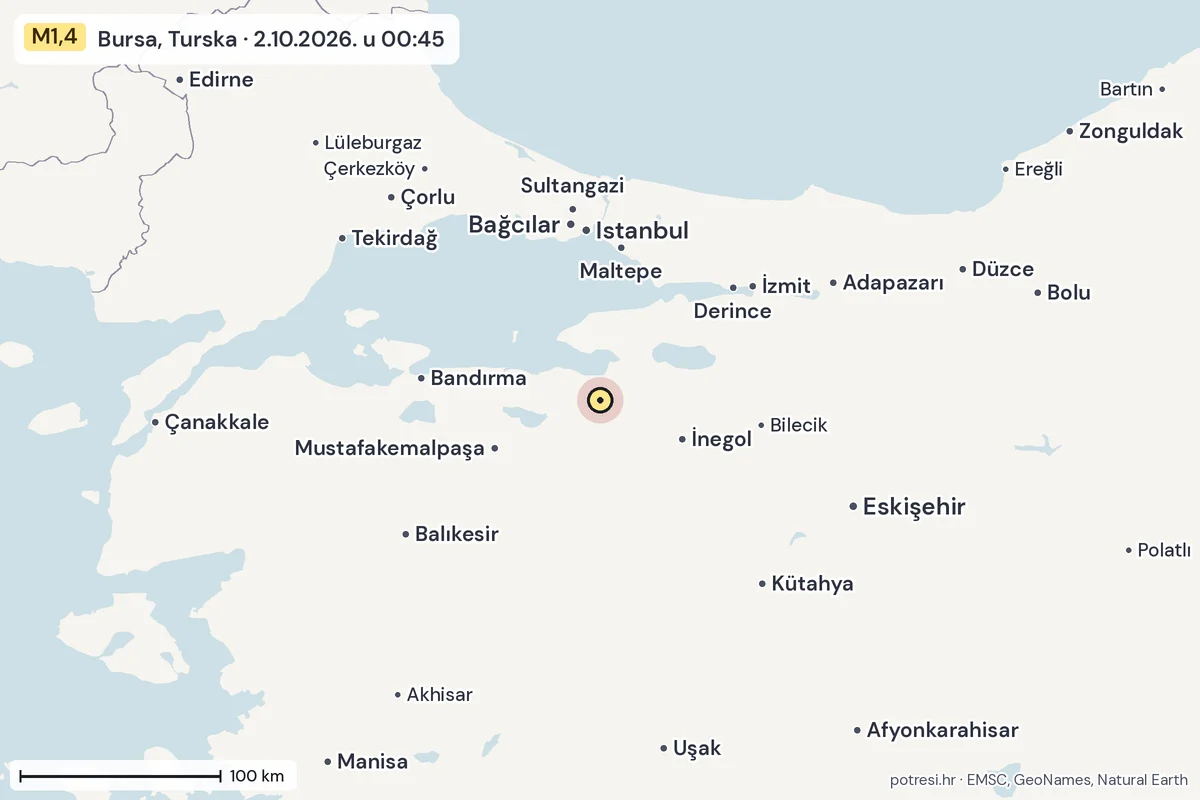 Karta: šire područje, 600 km, potres M1,4, Bursa, Turska, 2.10.2026.