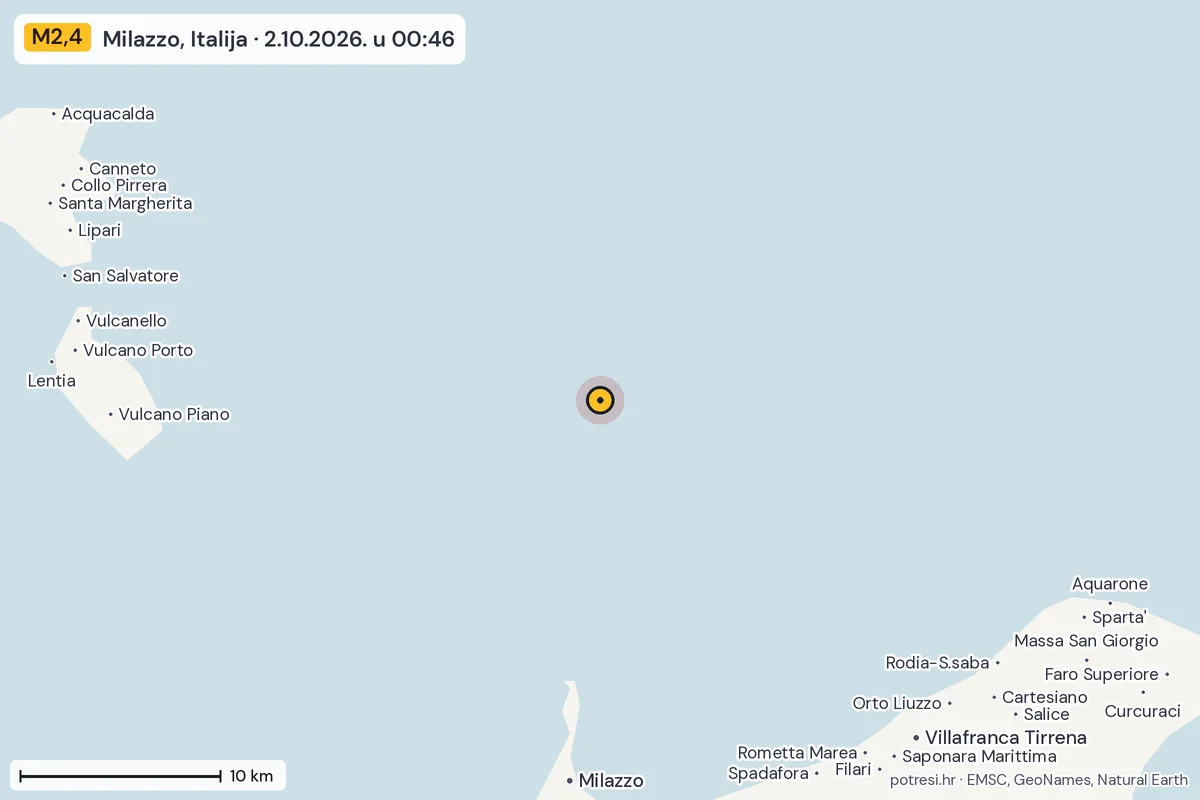 Karta: okolica epicentra, 60 km, potres M2,4, Milazzo, Italija, 2.10.2026.