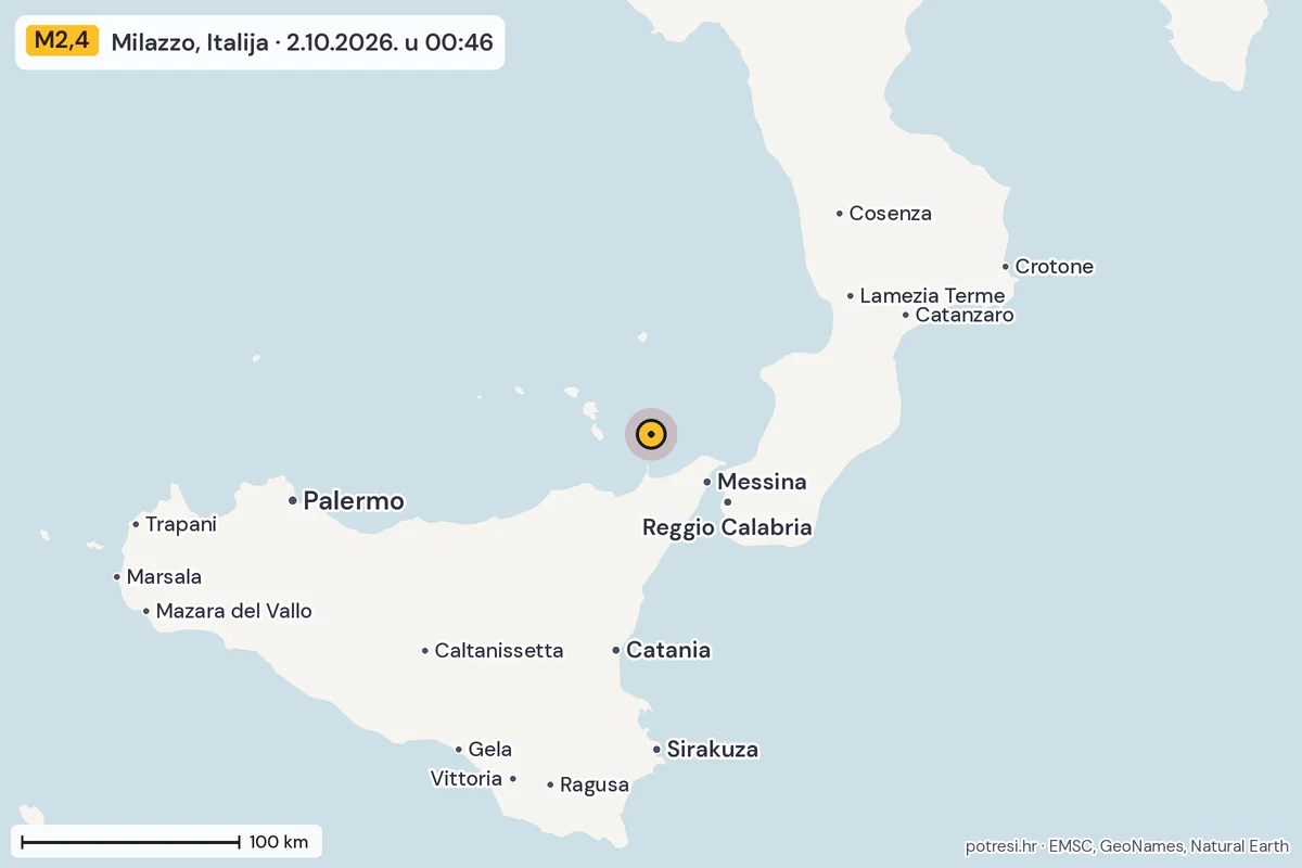 Karta: šire područje, 600 km, potres M2,4, Milazzo, Italija, 2.10.2026.