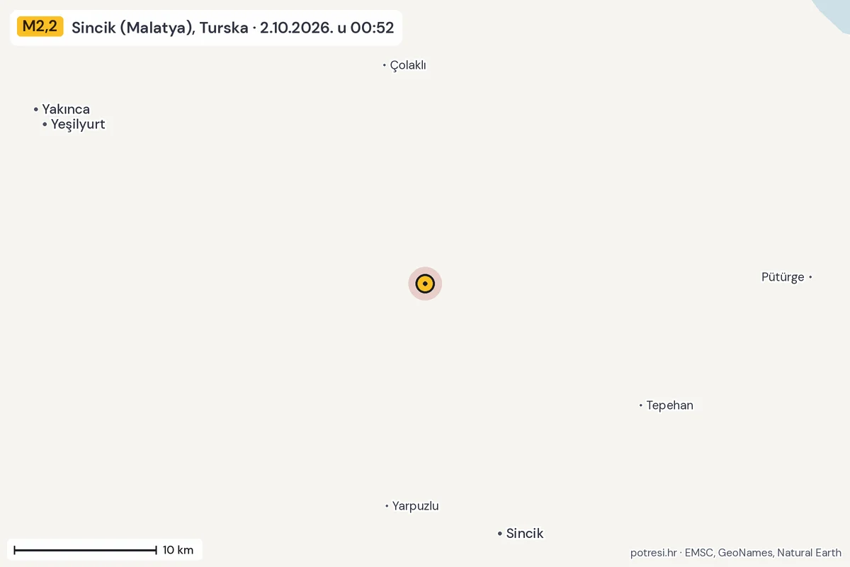 Karta: okolica epicentra, 60 km, potres M2,2, Sincik (Malatya), Turska, 2.10.2026.