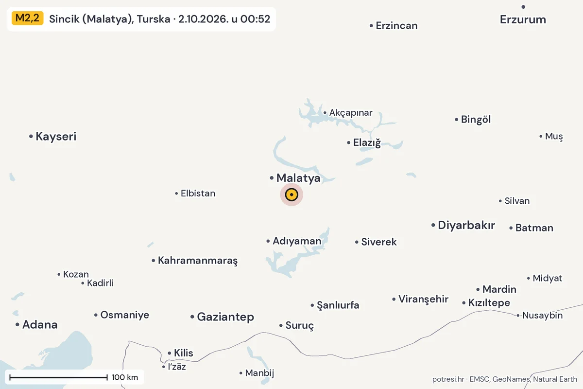 Karta: šire područje, 600 km, potres M2,2, Sincik (Malatya), Turska, 2.10.2026.