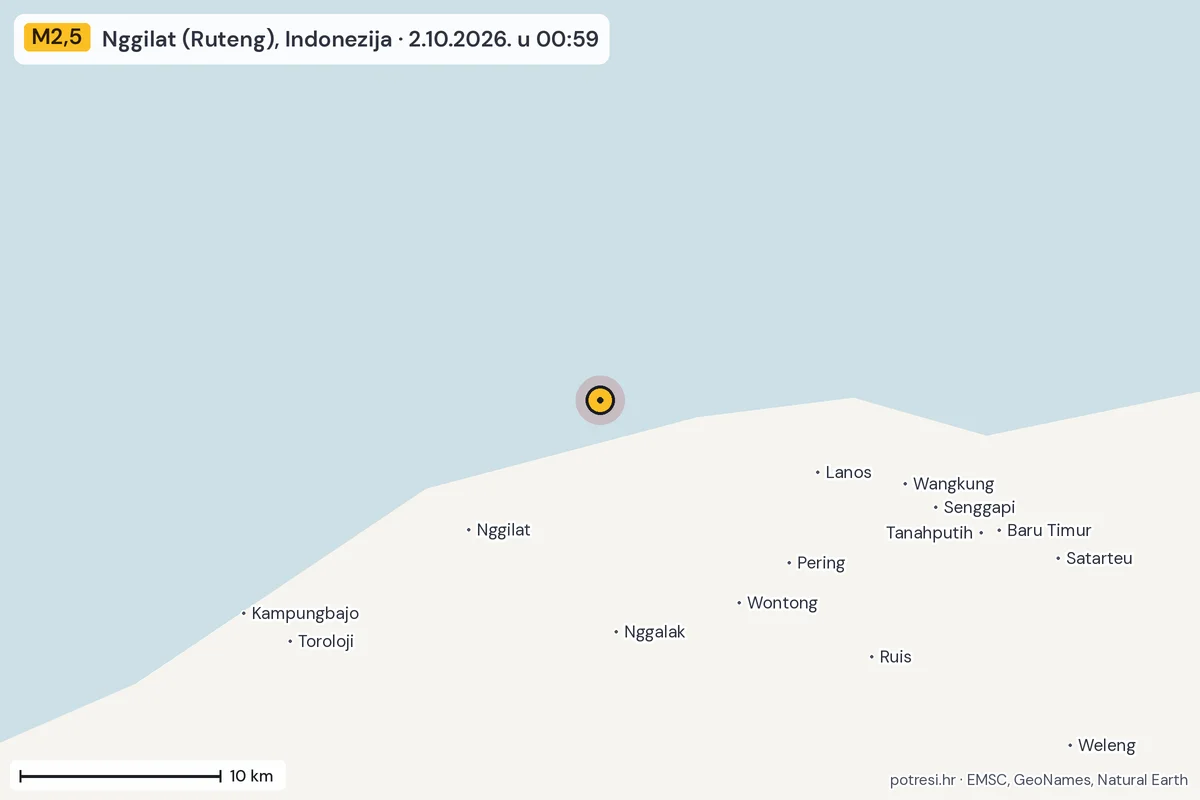 Karta: okolica epicentra, 60 km, potres M2,5, Nggilat (Ruteng), Indonezija, 2.10.2026.